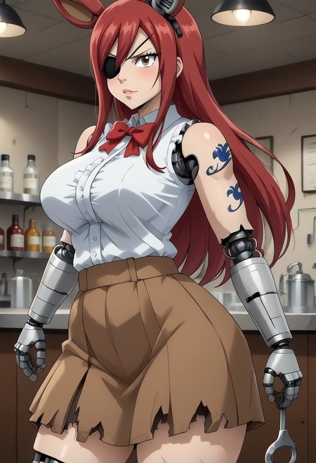 score_9, score_8_up, 1girl, solo, indoors, Laboratory background, Lab gear,    erza scarlet transforming into withered foxy,
 erza scarlet, long hair, red hair, hair between eyes, brown skirt, shirt, bow, boots, sleeveless, sleeveless shirt, tattoo, white shirt, frills,,plump, bbw, big ass,
Withered_FoxyFNAF, , animal ears, yellow eyes, torn clothes, no humans, robot, withered body, damaged, animatronic, joints, endoskeleton, left hook hand, eyepatch on left eye,