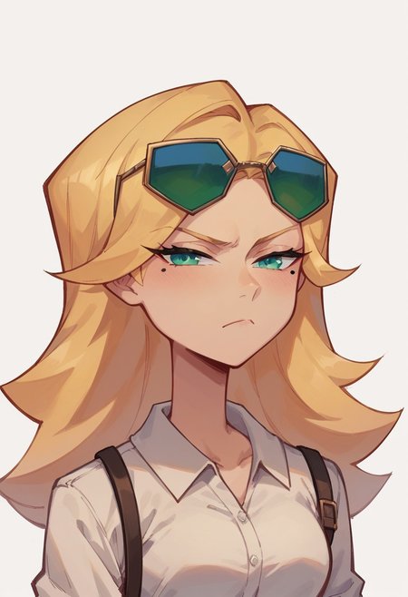 score_9, score_8_up, score_7_up, 
1girl, blonde hair, long hair, mole under eyes, green eyes, sunglasses on head, narrowed eyes, frown, looking at viewer, white background, white shirt, face, upper body,