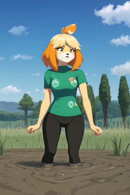 isabelle \(animal crossing\), (masterpiece, best quality:1.15), 1girl, solo, large breasts, high cheekbones, thick eyebrows, small mouth, looking to the side, leaning forward, adjusting clothes, tight leggings, green crop top shirt, starry nights, long hair, twin short braids, scared, partially submerged, struggling, farmland bog, hand stuck in mud