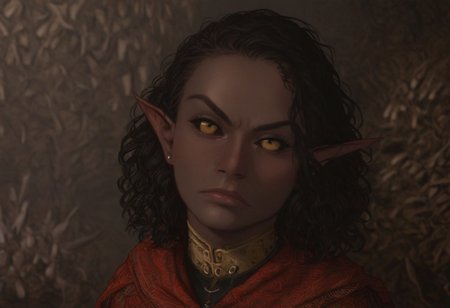 solo, short pointy ears, piercings, nord woman, random elf face, aquiline features, dark elf, weathered skin, large nose, animated realism, zoomed out, Syrian features, torso, subterranean, glowing mushrooms, mushroom forest, cave enviroment, large cavern, gloomy lighting, ancient ruins, interior, dark soil floor ,grey-blue skin, scarlet and gold clothes, medium armor, bone plate armor, ivory straps and fittings, grey wood neckguard, dark red sclera, black pupils, distant mushroom forest, blue-green light, neon, highly detailed, defined features, looking at viewer, three quarters view, from above, dynamic lighting, 36 years old, light and shadows, patterned cloth, determined expression, expressive eyes, detailed medieval clothes, medium_breasts, medium hair, wavy hair, thick hair, beaded hair, braided hair, under cut hair, semirealistic, alien elf, spanish features, jewish features, black hair, dark red hair, umber skin, sharp features, red persian print cloak, nighttime, high detail, absurdres, pretty eyes, detailed eyes, yellow eyes,