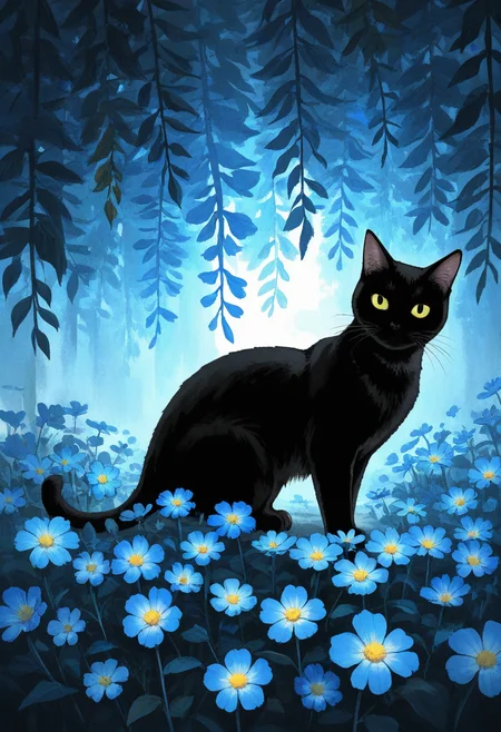 no humans, cat, black cat, eye focus, flower, looking to the side, darkness, surrounded by flowers, blue flowers, head tilt, scenery,
BREAK
<lora:Ink_wash_painting_style_v1.5:0.6>,
BREAK
best quality, masterpiece, very aesthetic, absurdres, highest detailed, very awa, detailed background,