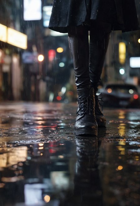 in a city at night, rain, artificial light, puddles