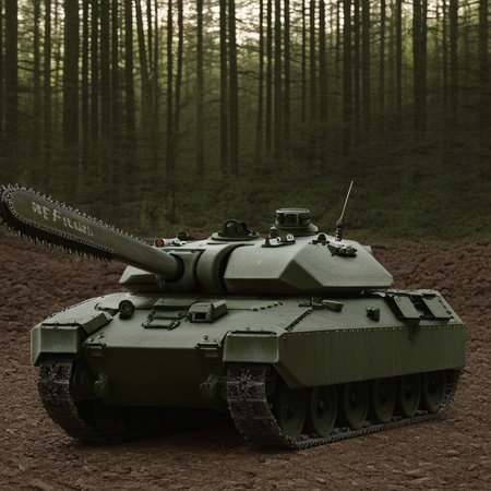 masterpiece, best quality, amazing quality, very aesthetic, high resolution, ultra-detailed, absurdres, scenery, photorealistic, Prompt, BREAK, depth of field, photorealistic details, volumetric lighting,source_photo,solo,no humans,vehicle,tank treads,chainsaw,forest,logs