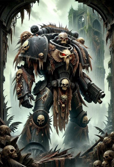 (best quality, masterpiece), drawix9, dwx9, EPSavageVerse, Space marine, Astartes, weapon, in an urban ruin, jungle ruin, destroyed gothic city, jungle trees, overgrown, spore clouds, grimdark, menacing, complex lighting, extremely detailed, detailed textures