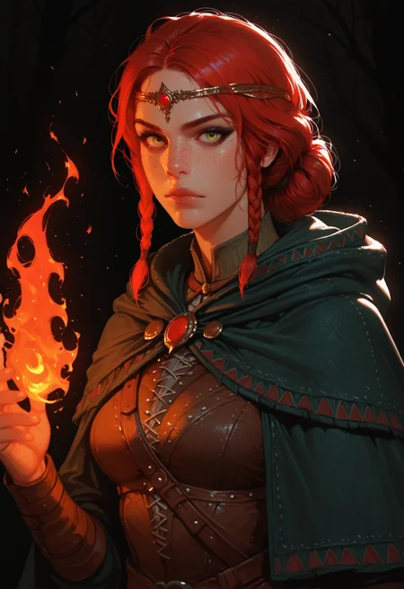1girl, solo, red hair, freckles, fire, braid, green eyes, upper body, lips, medium hair, closed mouth, circlet , nose, magic, yellow eyes, hood, black background, looking at viewer, , pyrokinesis, hood down, cloak, capelet, hair bun, triss merigold, braided sidelock,  , forest, the witcher 3, , messy hair, , hair up, low hair bun, big hair, eyeliner,, masterwork, masterpiece, best quality, dynamic lighting , dynamic pose,,  dynamic angle, , , (realistic:1.2), (lineless:1.2), detailed, <lora:Detailer_NoobAI_Incrs_v1:1>, , aged up, adult, depth of field, dynamic lighting, blurry,