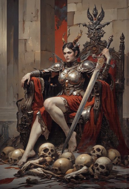 Art by Gerald Brom. A digital illustration shoot from the side about a regal woman seated on a throne surrounded by skulls and bones, holding a large sword. in the middle of the image, a 1woman, who appears to be in her mid-twenties, is sitting on a red throne with her legs spread wide, wearing a red dress and ornate armor. she has a serious expression on her face and is holding a long, ornate sword in her right hand. her hair is styled in elaborate, feathered buns with horns, and she has bare feet. the throne is set in a dimly lit, stone-walled room with columns, and the background is filled with skulls scattered on the floor. the overall mood is dark and ominous, with a focus on the woman's regal attire and the intricate details of her armor.