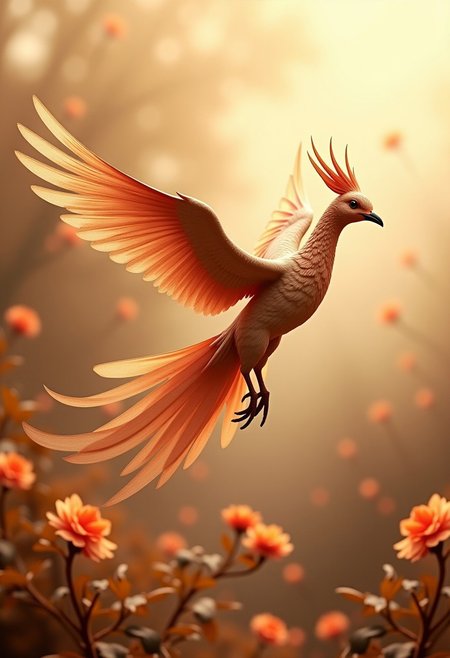 A sepia photo of a phoenix in flight, 3d, garden behind, flowers