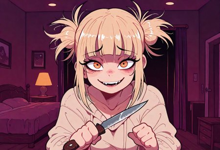 1girl,
solo,

himiko toga, blonde hair,
face focus, medium chest,
yandere pose, dynamic composition,
looking at viewer,
knife grab,

inside, bedroom,
masterpiece ,best quality ,amazing quality, Flatline, Flat vector illustration, Rapscallionstyle, androjuniarto,
