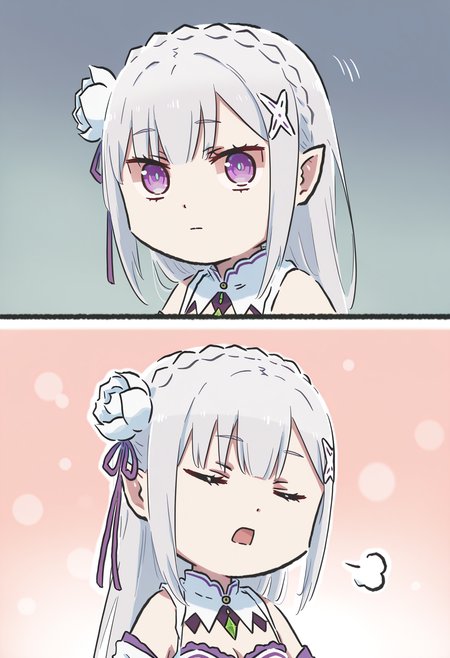 masterpiece,best quality,high resolution,source_anime,highly detailed illustration,
seductive, detailed eyes, (blurry background, depth of field, bokeh:0.9), very aesthetic,absurdres,newest, amazing quality,
detailed eyes, absurdres,newest, amazing quality,
<lora:shiXinzoroV1ill:1>, shixinzoruo, chibi,
<lora:shiEmiliaV12ill:0.8>  shimilia, long hair, grey hair, purple eyes, pointy ears, crown braid, hair flower, hair ribbon, purple ribbon, x hair ornament, white dress, cleavage, bare shoulders, wide sleeves, white thighhighs, thigh boots,
looking at viewer, closed mouth, portrait, 
silent comic, puff of air, 2koma, 
natsuki subaru, motion lines, facial mark, gradient background, comic, upper body, closed eyes, open mouth,
