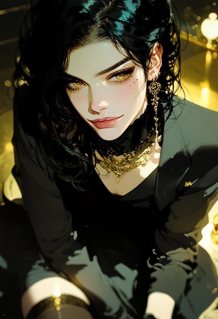 score_9, score_8_up, score_7_up, score_6_up, score_5_up, score_4_up, (long black hair:1.5), (golden eyes:1.4), (elegant black dress:1.5), (golden rose hairpin:1.2), (flawless, alluring beauty:1.1), (poised assassin stance:1.0), (subtle confident smirk:1.3), (thigh-high stockings:1.3), (sleek black gloves:1.4), (cinematic lighting:1.4), (luxurious ballroom background:0.8), dramatic rim lighting, soft glow, ultra-high detail, anime-style shading, professional artwork, refined elegance, semi-realistic, depth of field, mole under eye, lips, dynamic angle, night club background, Semi-realism