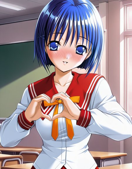 masterpiece, best quality, amazing quality, very aesthetic, absurdres, official art, ultra detailed,
1girl, solo, aikawa_chiharu, blue hair, blue eyes, short hair BREAK 
school uniform, serafuku, ribbon, red skirt
blush, seductive smile, parted lips, looking at viewer, 
standing, pinup, heart hands, 
in classroom, upper body, sharp focus, depth of field, highly detailed, soft shadows, 
<lora:aikawa chiharu v1.0-000017:1>