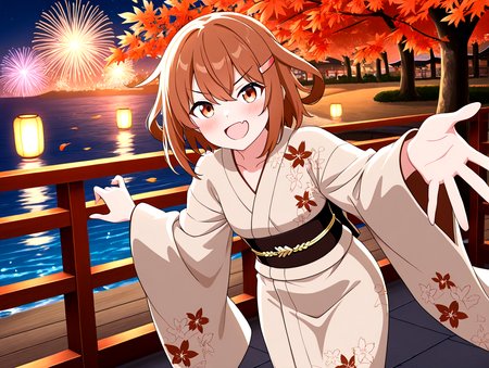 <lora:ikatsuchi-wafuku-000009:1>,ikatsuchi-wafuku,maple leaf floral print yukata,iron III symbol neckline ornament,decorate black obi,golden obijime,brown japanese clothes,brown hair,short hair,1girl,hairclip,solo,hair ornament,fang,wide sleeves,brown eyes,skin fang,alternate costume,tabi,geta,
hanabitaikai,aerial fireworks,colorful,cowboy_shot,solo focus,fireworks,night,sky,maple tree,sea,reflection,floating sakura petals,
paper lantern,
doyagao,open mouth,blush,v-shaped eyebrows,strong smile,gasping,
open hands to reaching towards viewer,leaning forward,
masterpiece,best quality,newest,absurdres,highres,detailed eyes,beautiful,detailed background,perfect eyes,anime coloring,anime screencap,
<lora:add-detail-xl:1>,<lora:ponyv4_noob1_2_adamW-000017:0.8>,wear clothes,