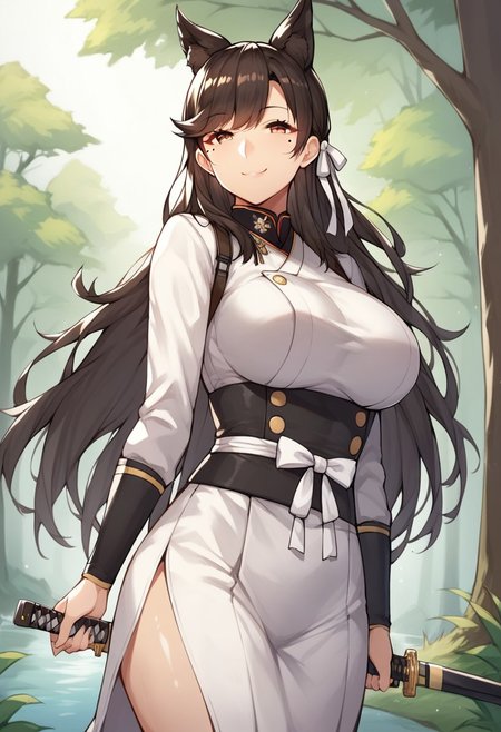1girl, solo, score_9, score_8_up, score_7_up, source_anime, 2023, by marushin, outdoors, forest, medaow, day, samurai, dynamic pose, atago, azur_lane, animal_ears, black_hair, dog_ears, extra_ears, yellow_eyes, long_hair, ribbon, swept_bangs, white_ribbon, brown eyes, mole_under_eye, shiny skin, shiny, (mature female), beautiful face, highly detailed faces and eyes, tall female, large_breasts, curvy, smug