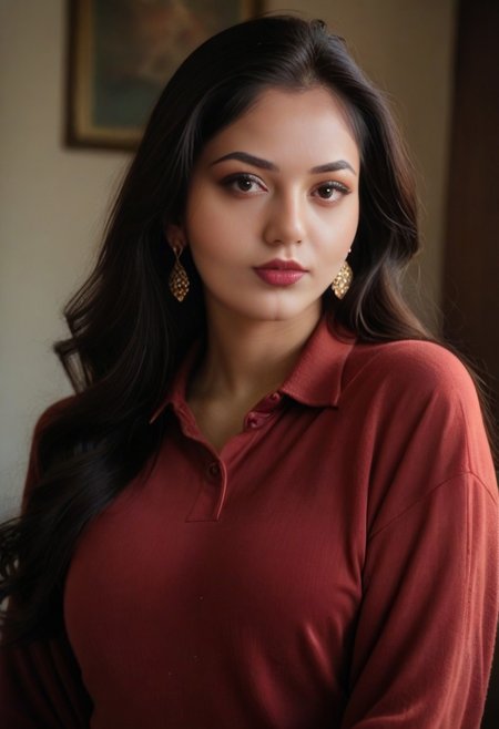 Sonsy, score_9, score_8_up, score_7_up, 1girl, solo, long hair, looking at viewer, shirt, black hair, long sleeves, jewelry, upper body, earrings, collared shirt, indoors, nail polish, sweater, lips, red nails, realistic, red sweater,
