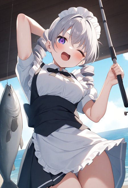 1girl,sincos, ningen mame, toosaka asagi,solo,medium breasts,20yo,maid,maid headdress,
fishing, fishing rod, fish, boat, holding fishing rod, holding fish, ocean, day, arm up, water drop, fishing line, <lora:fishing_XL_v1:0.8>
from below, fisheye lens, looking at viewer, silver hair, purple eyes,wince,  open mouth, ringlets hair,,
best quality, very aesthetic, absurdres