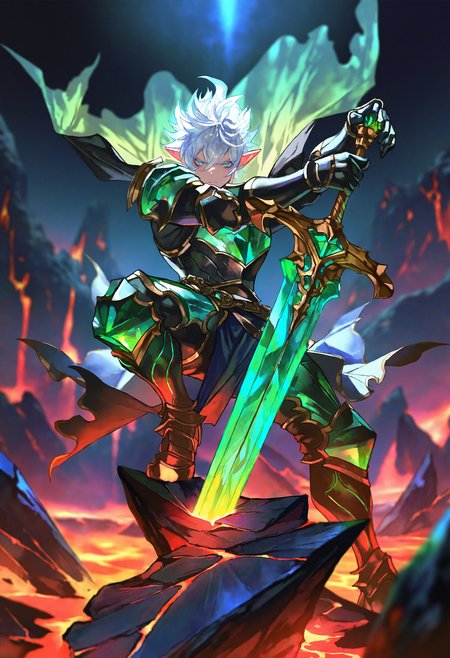 artist:[diyokama|yoneyama mai|lam \(ramdayo\)|quasarcake], granblue fantasy,
1boy, male focus, knight, muscular, pointy ears, [pearl:emerald:0.5], sword, armored dress, shoulder armor, white hair, frown, dynamic pose, 
[::green gemstone:10], bright inner glow, iridescent, ultraviolet light, lava, scenery,
masterpiece, best quality, very awa, absurdres
<lora:noobai_vpred_1_green_emerald_v12:1>