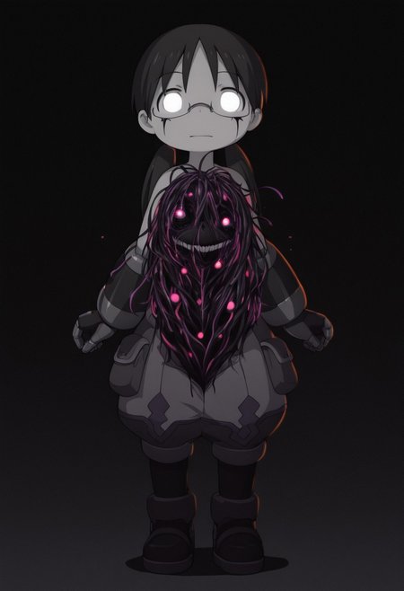 masterpiece, best quality, amazing quality, riko \(made in abyss\), black hair, blank eyes, glowing eyes, semi-rimless eyewear, long hair, low twintails, xdive, android,, full body, detailed background, black background, antiKH, spot color, neon palette, heartless, mouth closed, glasgow smile, no teeth, (horror:1.4), peering at the user, dark