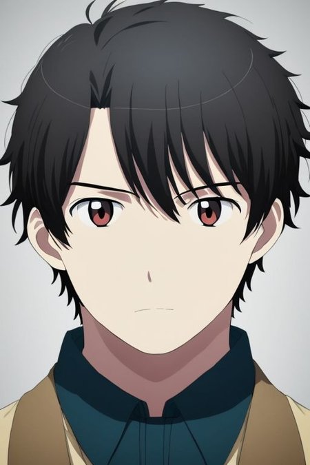 high resolution, solo, best quality, 1Boy, Portrait, Inaho Kaizuka, Black Hair, portrait, looking at viewer, focused gaze forward, upper body, head upright, envy,