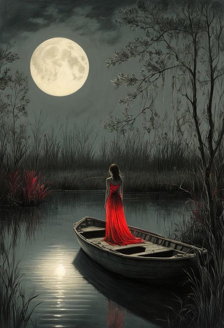 Shades of gray, aged black and red paper, moonlight, a female woman standing on a boat in swampy wetlands, (at a distance), will-o'-the-wisp, moonlit, lonely, solitude, windy, tall trees, willows, willow-like, 
Masterpiece, vibrant colors, very detailed, midjourneyv6.1, Light Painting, detail background, flowers
