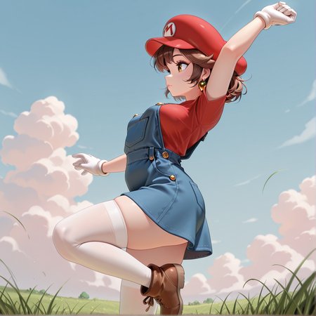 masterpiece, best quality, absurdres,
smolmaria, jumping, arm_up, hand_up, one leg up,
red shirt, smariajewelry, overall_skirt, mario hat, white thigh highs,
from side, solo,
grass, sky, clouds,