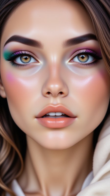 1woman, dllj02,  A close-up with eye makeup that blends like watercolor in shades of teal, coral, and purple. Her lips are a soft coral gloss, and her skin has a dewy finish. The lighting is soft and diffused, adding to the artistic, watercolor effect,<lora:BetterPortraits:0.7>, jedjv1,  <lora:JedJourney_epoch_7:0.3>, <lora:FLUX_Dolleij02:0.7>