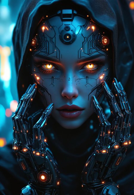 SFW, UHD photo Angry, sinister Terminator, glowing fluorite eyes, face adorned with shimmering chromium, strands of woven crystals for hair, extreme femininity emphasized through striking features, incorporating thick, snaking chromium tendrils elegantly framing the face, magical aura surrounding the character, vivid colors of radiant greens and deep blues, ultra-detailed, high-quality visual masterpiece, dramatic and intense atmosphere., high quality, detailed, intricate details, masterpiece, UHD 16K, professional photograph, (((ultra-realistic style))), realistic soft lighting, eye-catching, atmospheric lighting, natural, shallow depth of field, (highlights: 0.8), high detail, dynamic, sincere, cinematic shot, film grain, bokeh, depth of field. SFW.