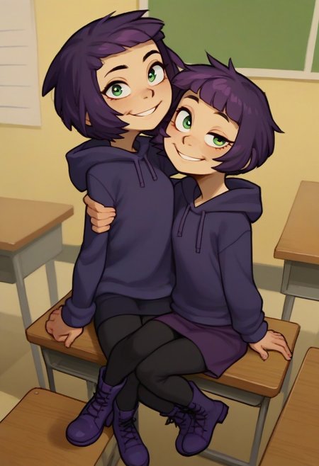 score_9, score_8_up, score_7_up, score_6_up, score_5_up, score_4_up, 2 girls in image, sitting on desks, smiling, looking at viewer, arms around each other, friends, 
BREAK, 
1 girl, square head, green eyes, squinch, round eyes, long hair, dark blue hair, dark blue dress sweater, black leggings, small black boots, 
BREAK
1 girl, short hair, purple hair, long eyelashes, purple hoodie, purple skirt, purple shoes, , hood up
