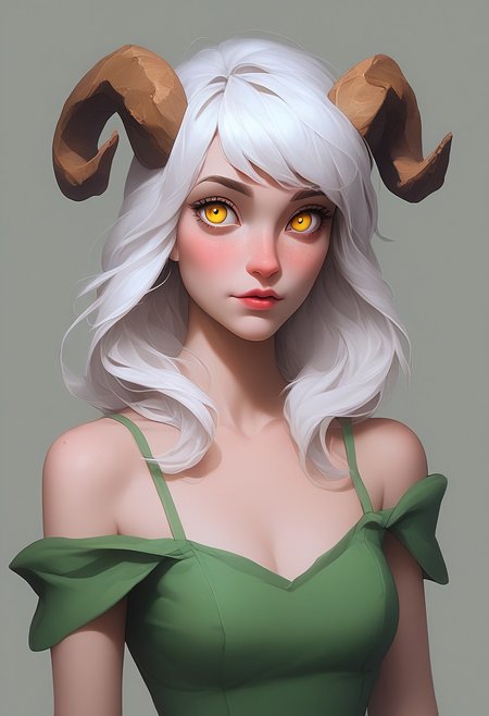 score_9, score_8_up, score_7_up, BREAK beautyfull color, aesthetic, 2d, Casgas, BREAK 1girl, solo, twisted ram's horns, freckles, white hair, long bangs, golden eyes, vertical pupils, pale skin, green dress, BREAK dramatic lighting, medium shot, half-sidways view