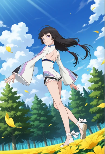 floating hair, light smile, yellow leaves, looking sideways,
full body, dynamic angle,  
BREAK,
<lora:kohak_illustriousXL_v03:1>
kohakdef, black hair, purple eyes, very long hair, blunt bangs, ahoge, low tied hair, twintails,
white bodysuit, long sleeves, wide sleeves, lace, back cutout, laced sleeves,
bare legs, long legs, white footwear, pointe shoes, flat shoes,, source_anime, very aesthetic, anime coloring, masterpiece, 
best quality, amazing quality, ultra detailed, very aesthetic, 
detailed background, 
BREAK,, forest, flowers, clouds, day, floating leaves,