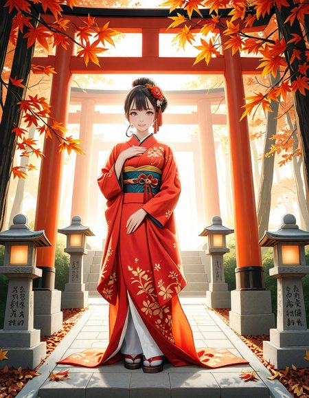 looking at viewer,A graceful Japanese woman standing in front of a traditional Inari shrine, wearing an elegant mauve kimono adorned with intricate floral patterns. Her dark hair is styled in a classic updo, decorated with delicate kanzashi hair ornaments. She has a serene and contemplative expression as she gazes towards the shrine. The scene is set in the late afternoon, with soft golden sunlight filtering through the vibrant red torii gates that create a tunnel leading to the shrine. The ground is covered with autumn leaves in warm shades of red, orange, and yellow. Stone fox statues, draped with sacred red bibs, guard the entrance, adding to the shrine's mystical aura. Traditional stone lanterns emit a soft, warm glow, enhancing the spiritual and tranquil ambiance. The background features lush greenery, contrasting with the shrineâs vivid vermillion hues. The image is in a photorealistic style, with high dynamic range lighting, capturing every intricate detail from the fabricâs texture to the play of light and shadows, evoking a sense of peace and tradition.
<lora:SDXLFaeTastic2400:0.4> <lora:extremely_detailed:0.4> extremely detailed, <lora:Inari_shr1n3:1>,Inari shr1n3, Masterpiece,best quality,hi res,8k,hi res,8k,award winning,(sharp focus, intricate, highly detailed),