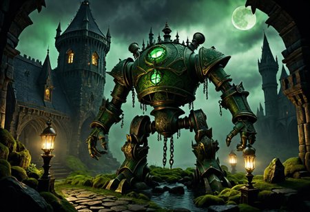 giant bipedal robot dirty pale green and dark green, bronze paisley robot. lacy robot metal kettle head. outside of a steampunk keep. large detailed torso. dark image. one forty foot tall ancient robot with great arms and two heavy spring legs. dark foggy night background. $dark foggy night image only. dark photo realistic image. steampunk details. cogs, chains and pipes incorporated in the fantasy buildings. magic wizards tower in background. Dark swamp, moss, castle ruins, wizards tower. stormy dark night.  stormy sky.
