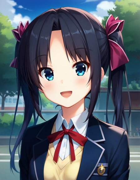 score_9,score_8_up,score_7_up,score_6_up BREAK official art,solo,outdoors,upper body,(portrait:1.5),looking at viewer,facing viewer,smile,blush,Otonashi Kushina,long hair,black hair,twintails,hair ribbon,hair bow,hair intakes,parted bangs,blue eyes,open mouth,:d,school uniform,blazer,black jacket,wing collar,yellow sweater vest,collared shirt,white shirt,neck ribbon,red ribbon,long sleeves,small breasts,miniskirt,green skirt,plaid skirt,pleated skirt,zettai ryouiki,white thighhighs,loafers,<lora:Otonashi Kushina(ls)-Pony:1.3>,