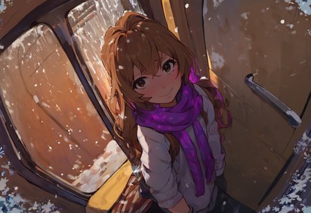 score_9, score_8_up, score_7_up, score_6_up, Aisaka_Taiga, 1girl, perfect face, cute, petite, brown eyes, colored inner hair, glowing hair, long hair, purple glowing scarf, white sweater, winter, snowing, glowing snowflakes, blush, shy smile, shy look, night, dimmed light, train, inside, compartment car, corridor, snow, from above, fisheye