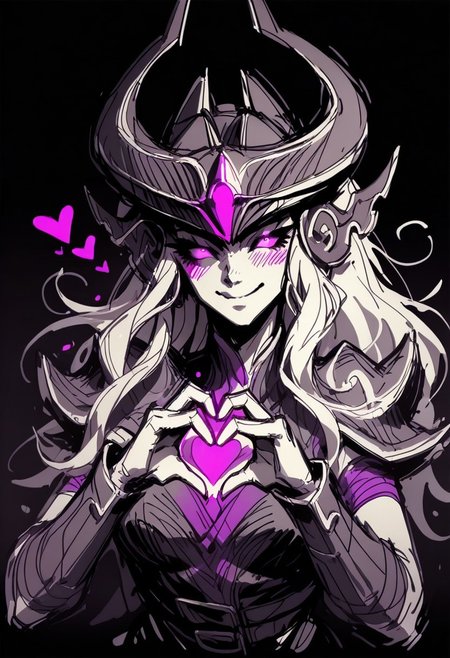 score_9, score_8_up, score_7_up,   <lora:Navi_WrathStrokes_PonyXL_S1:1.1> , purple sketch, Syndra, black background, black and purple theme, monochrome,
solo, heart hand duo, glowing purple eyes, shy smile, normal_breasts, half-closed_eyes, dark_sphere