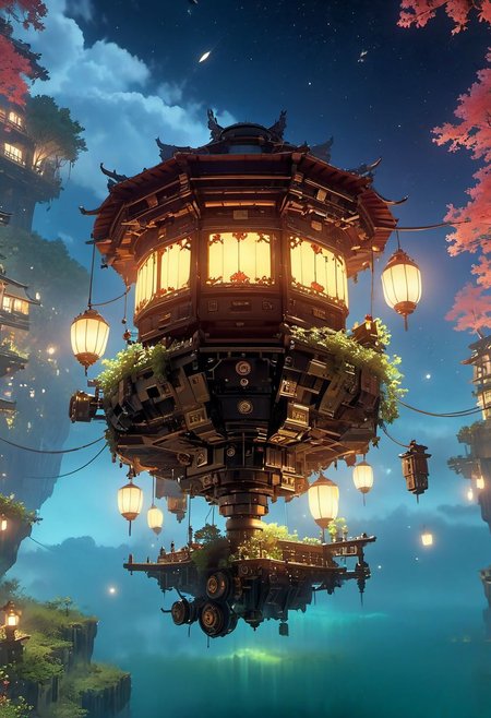 WLOP art style, Ghibli style, outdoors, The island floating in the air, robot metal mechanical machinery, Turn mechanical gears, human, bulding night, , (low light), top-down view, firefly -ar 9:16, high saturation, high contract