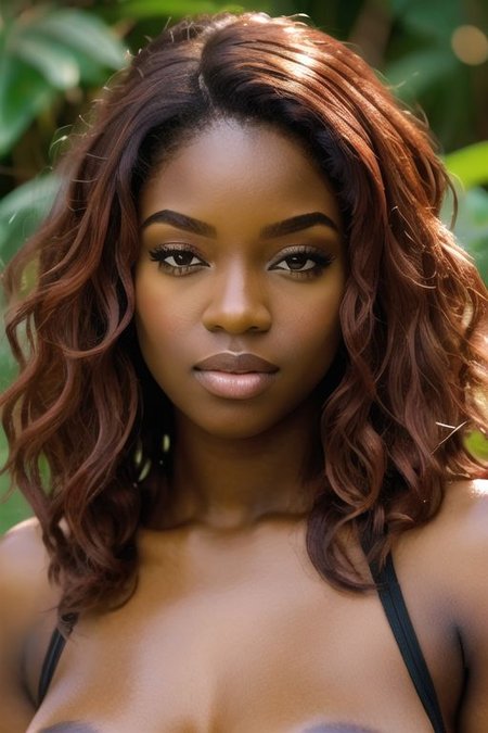 ospb, best quality, high quality, masterpiece, headshot, perfect face, gorgeous young ebony woman, red highlights in hair, OverallDetail, fFaceDetail
