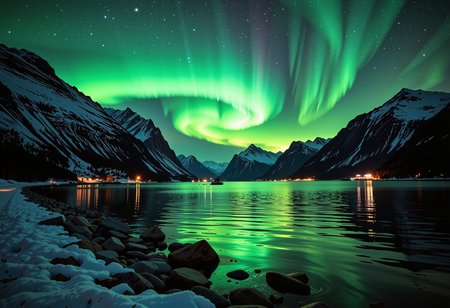 A serene Norwegian fjord bathes in the soft luminescence of winter night, snow-clad backdrop of towering fjord peaks that rise majestically towards the sky. The surrounding landscape is set ablaze by an ethereal display of green hues from the aurora borealis, which dances across the celestial canvas in a swirling ballet of light and color. The air is heavy with an expectant quiet, as if time itself has paused to allow the gentle light from the stars flickering to dance upon the rippling waters, where a mirrored sheen reflects the beauty above. In this fleeting instant, all that exists is a poignant portrayal of the enchanting serenity of Nordic winter nights, where the undulating shadows cast by the aurora mingle with the soft ambient luminescence, as if bound together by an unseen thread of time., ultra-detailed, hyper-detailed, ambient lighting, volumetric lighting, (masterpiece), (Amazing quality), (phenomenal aesthetic), cinematic moment, 8K<lora:FLUX_Ghibsky_Illustrations.safetensors:0.8:1.0>