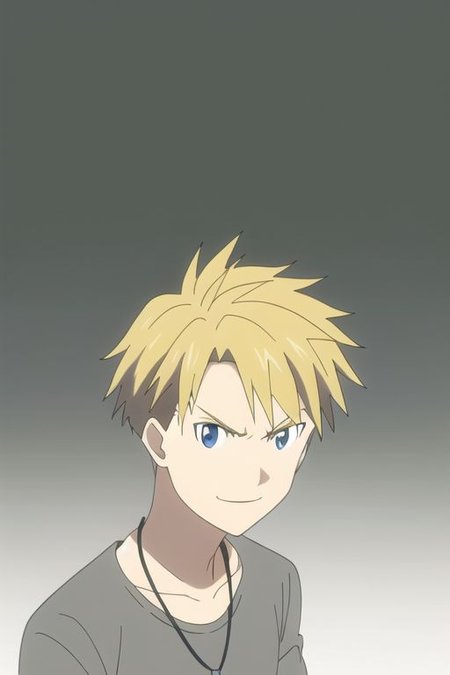 high resolution, professional photography, solo, best quality, 1Boy, Yamato Ishida, Blond Hair, Deep Blue Eyes, Necklace, dark t-shirt, looking at viewer, focused gaze forward, plain grey background, straight body, head upright, angry, smile, OverallDetail
