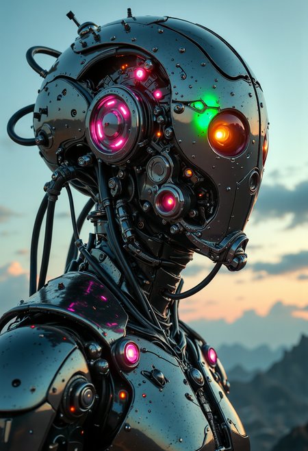 yfg-sm0rg Head Closeup, dark-mood-mod, a photorealistic image, depicting a sleek armored mech-knight with exposed wires and intricate technical parts. A Future soldier in dynamic Pose. The scene is set at dusk, with the sky transitioning from a soft, pale blue to a deeper, cooler hue, and the horizon lined with wispy, scattered clouds. The dominant feature in the image is His mechanical mechanical edgy shoulder armor, jagged and broken resembling a translucent sss Planet, oversized and intricate, its translucent bleaked neon pink and Green surface and luminous translucent Material stark against the sky. dressed in a Armor with a long, flowing white robe that appears to be made of a dark, coarse translucent material, blending into the dark tones of the landscape. (raytracing:1.3), (ambient occlusion), (cinematic lighting:1.3), (chromatic aberration), (4K image quality:1.3), (sharp detail:1.3), (highly realistic:1.3), (dim warm cinematic lighting:1.3)