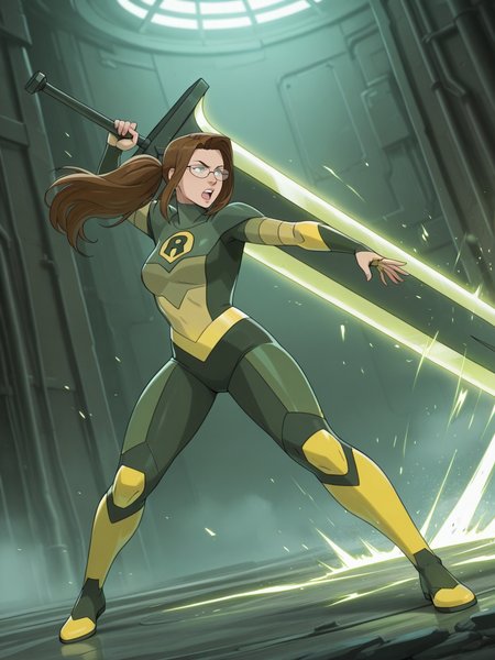 <lora:Shrinking_RaeIL:0.8> s_r, 1girl, brown hair, ponytail hair, green eyes, glasses,
gigantic sword, steel armor,glowing liens, action, full body, glowing backgroun