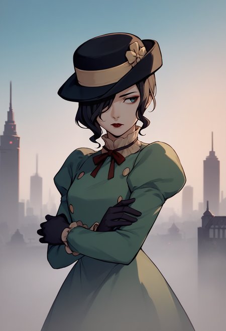 score_9, score_8_up, score_7_up, source_anime,  1girl, cowboy shot, expressionless, looking away, arm hug, <lora:zs_MayoneXL:1> mayonesh, hat, black hair, medium hair, hair over one eye, makeup, lipstick, green dress, puffy sleeves, black gloves, outdoors, city, gloomy, sky, fog