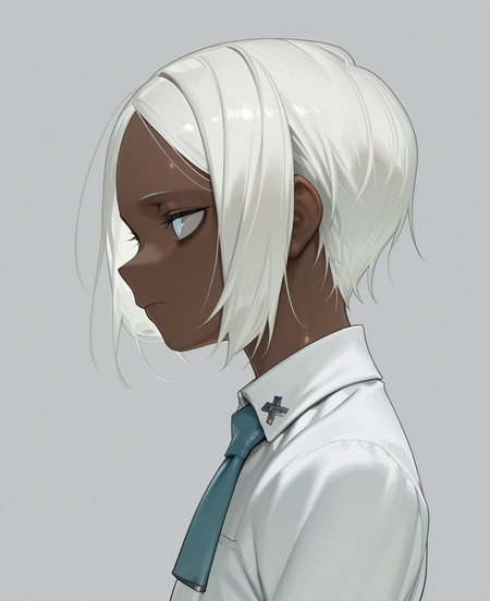 <lora:amrkdrw:1> amrkdrw,
(masterpiece), (best quality), (ultra-detailed), amazing quality, very aesthetic, illustration, perfect composition, intricate details, absurdres, incredibly absurdres, shiny skin, realistic,
 amrkdrw, solo, white background, dark skin, simple background, white hair, shirt, white shirt, collared shirt, closed mouth, short hair, portrait, from side, skinned female, 1girl, profile, blue eyes, white eyes, male focus, 1boy, general