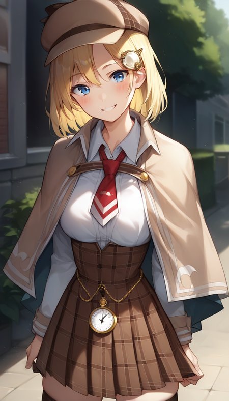 score_9,score_8_up,score_7_up,score_6_up BREAK official art,solo,outdoors,upper body,(portrait:1.5),looking at viewer,facing viewer,smile,blush,Watson Amelia,detective,brown headwear,blonde hair,medium hair,bob cut,monocle hair ornament,hair between eyes,parted bangs,blue eyes,collarbone,brown capelet,red necktie,short necktie,white shirt,collared shirt,medium breasts,skindentation,long sleeves,pocket watch,high-waist skirt,brown skirt,pleated skirt,plaid skirt,zettai ryouiki,thighs,black thighhighs,loafers,<lora:Watson Amelia(vtb)-Pony:1.4>,