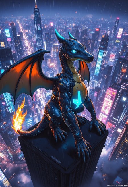 A cyberpunk Charizard, its scales replaced with sleek metallic plating glowing faintly with orange and blue neon lines. Its wings are made of translucent energy panels, crackling with electric currents, while its tail flame burns as a vibrant plasma orb, pulsing with shifting colors. Charizard sits atop a futuristic skyscraper. Cinematic focus on Charizard, with the cyberpunk skyline in the misty distance. aidmaMJ6.1, anime.