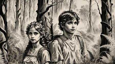 Girl and boy in the forest, close-up, ferns and old crooked trees, black ink <lora:corcoc1s:0.8>