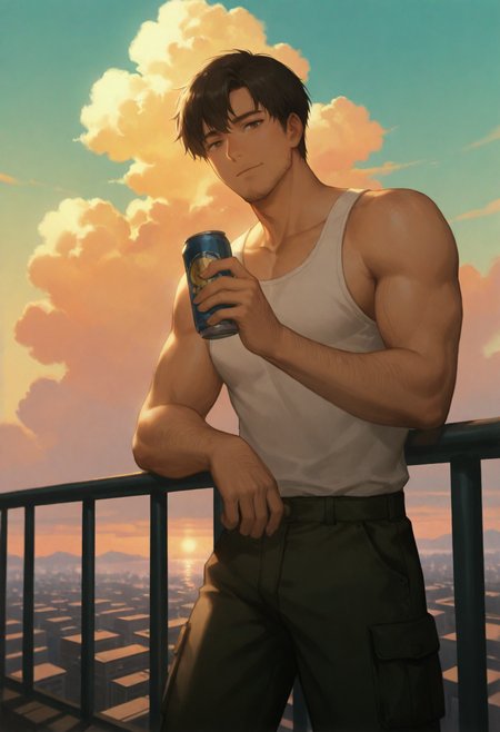embedding:SmoothNoob_Quality, anime screenshot,   (rei \(sanbonzakura\):0.4), (potg:0.4), (hakuhiruoeoe:0.4), (konyakarasue:0.4), 1boy, male focus, solo, mature male, muscular male, arm hair, stubble, manly, short hair,  film grain, golden hour, sunset, horizon, cumulonimbus cloud, cityscape, rooftop, against railing, holding can, looking at viewer, white tank top, cargo pants, high contrast, backlighting,
