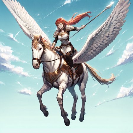 score_9,score_8_up,score_7_up,extreme detailed,full_body,zPDXL BREAK sky,flying,1girl,large breasts,
<lora:Pony_DetailV2.0:1>,pegasus knight,horse,horseback riding,pegasus,<lora:pegasus knight-v2-pony:0.9>,long hair,shoulder armor,breastplate,pegasus knight uniform \(fire emblem\),holding_polearm,smile,