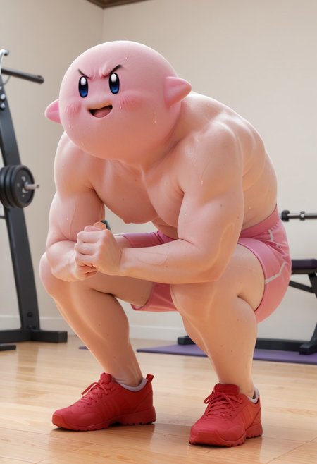 score_9, score_8_up, score_7_up, source_anime, 1girl, planking, exercise, clenched hands, BREAK 
sweat, annoyed, full body, anger vein,
LongKirby, dark blue eyes, pink body, blush, red shoes, smiling at viewer,