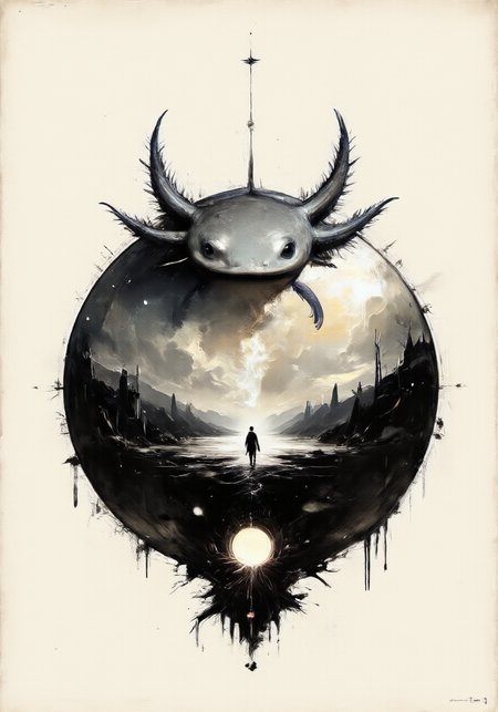 an axolotl with frilly gills, post-apocalyptic, a human living in a world where they can read minds, a society where people can control gravity, the art style emphasizes a modern and ethereal aesthetic, blending minimalist compositions with striking, symbolic elements. It features a strong focus on contrasts, often juxtaposing soft, smooth gradients with sharp, defined details. Themes of otherworldliness and transcendence are prevalent, conveyed through a mix of muted and glowing color palettes. The use of clean, elegant forms paired with surreal or abstract symbolism creates a visually captivating and contemplative mood across all pieces.<lora:Axomodel_Flux_V2.safetensors:1.0:1.0> <lora:cheats.safetensors:1.0:1.0>