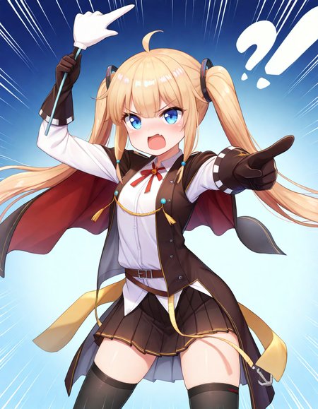 <lora:AzlaAmazon_SDXL_Illustrious_fp16_ver02:1>,AzlaAmazon,1girl,solo, blue eyes,blonde hair,twintail,pleated skirt,black thighhighs, gloves,shirt,neck ribbon,military uniform,cape,long sleeves,hair ornament,holding pointer,angry,pointing at viewer, open mouth,emphasis lines, masterpiece, best quality, very aesthetic, absurdres,<lora:detailed_hands:1>,hand